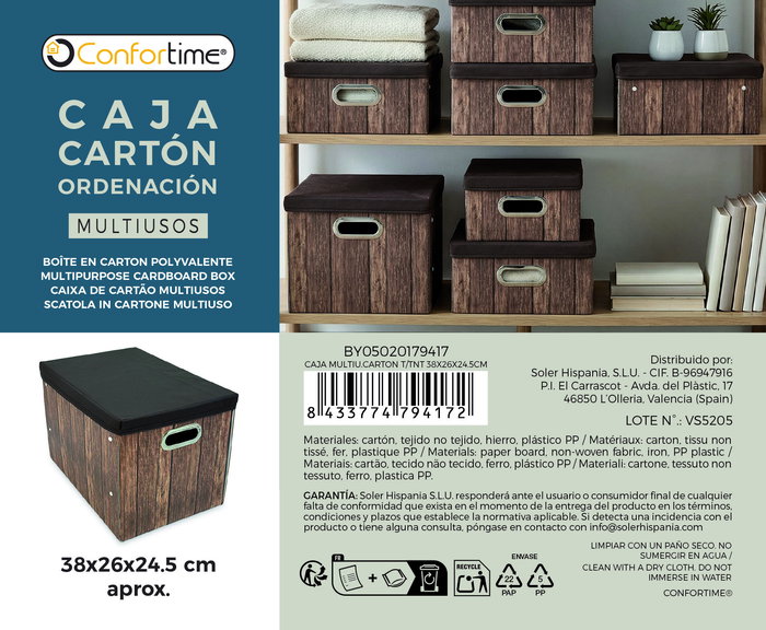Inde Caja Multiusos de Cartón T/TNT Confortime, Dimensiones: 38 cm x 26 cm x 24.5 cm (Largo x Ancho x Alto) (12 Unidades)