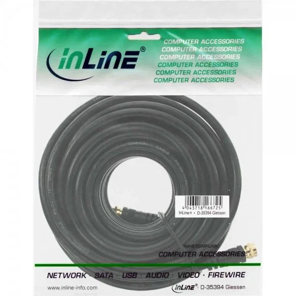 InLine 4043718129706 Cable Coaxial F Macho 15 Metros, Blindado, 85 dB, Negro - Para TV/Satélite