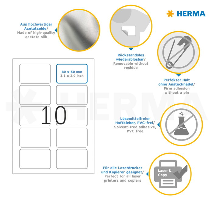 HERMA Etiquetas de Nombre y Textil 80x50mm, 200 unidades, Blanco