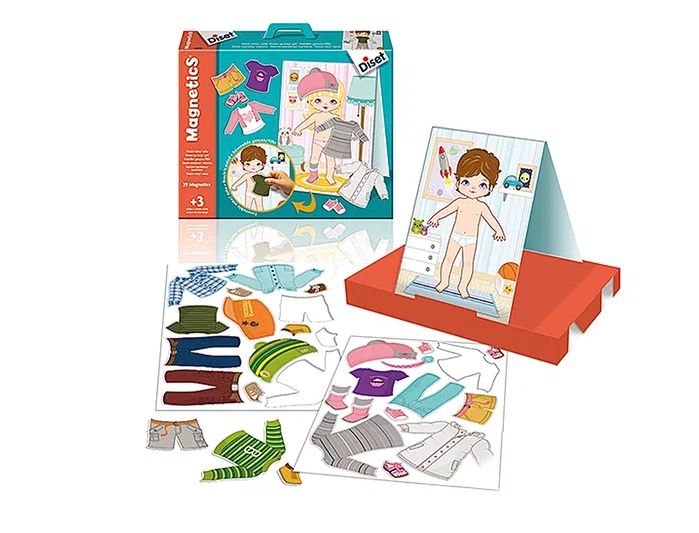 DISET 63246 Pizarra Magnética Doble Cara para Vestir Niño y Niña, Juego Educativo Multilingüe (ES, EN, FR, IT, PT), +3 Años