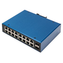 Digitus Conmutador Ethernet Industrial 16 Puertos Gigabit no Gestionado 2 SFP Uplink, Montaje en Rail DIN, IP40, Aluminio - Negro/Azul