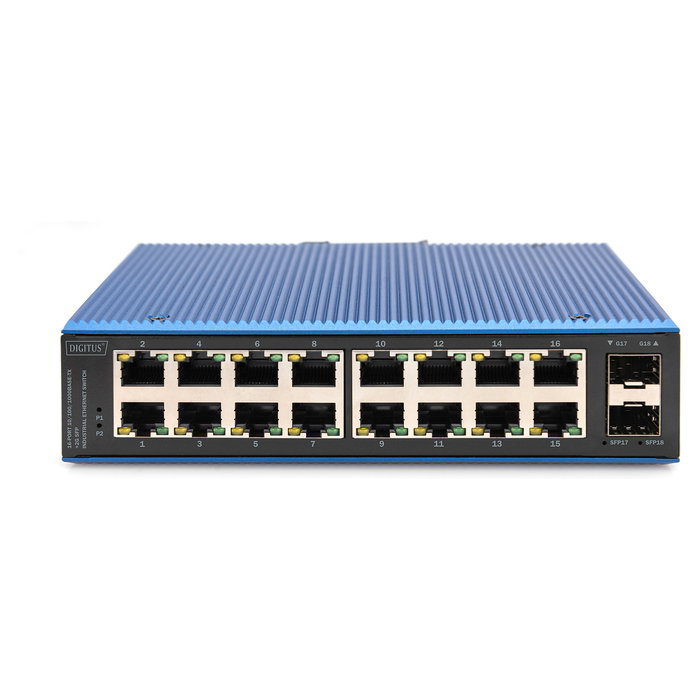 Digitus Conmutador Ethernet Industrial 16 Puertos Gigabit no Gestionado 2 SFP Uplink, Montaje en Rail DIN, IP40, Aluminio - Negro/Azul