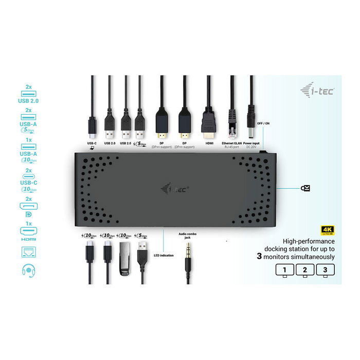 i-tec Docking Station USB-C/ USB4/Thunderbolt 3 Triple Display Docking Station Gen 2 con Power Delivery 100W, 3 Pantallas, Ethernet, HDMI, 2x DisplayPort, 7 Puertos USB, Negro i-tec Docking Station USB-C/ USB4/Thunderbolt 3 Triple Display Docking Station Gen 2 con Power Delivery 100W, 3 Pantallas, Ethernet, HDMI, 2x DisplayPort, 7 Puertos USB, Negro