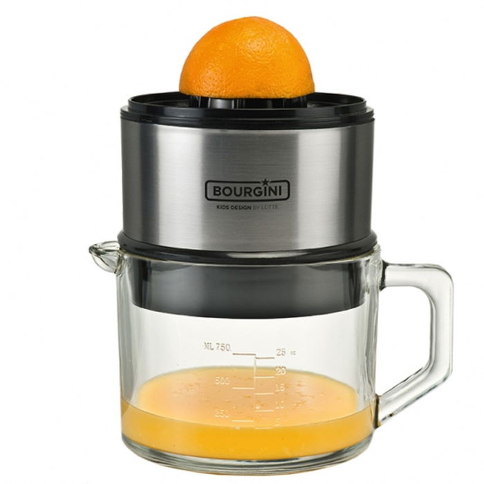 Bourgini Exprimidor Classic Deluxe 0.75 L, con Jarra de Vidrio y Función Antigoteo, para Niños, Acero Inoxidable, 60W