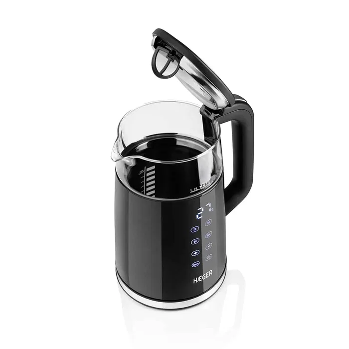 Haeger EK-DIG.028A Tetera Eléctrica 1.7L 2200W Negro/Acero Inoxidable/Transparente - Sin Cable, Base Giratoria 360°, Ajuste Termostato