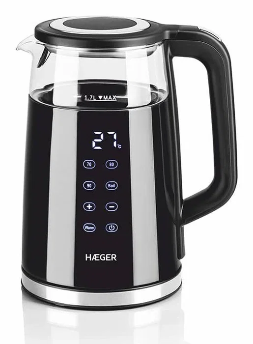 Haeger EK-DIG.028A Tetera Eléctrica 1.7L 2200W Negro/Acero Inoxidable/Transparente - Sin Cable, Base Giratoria 360°, Ajuste Termostato