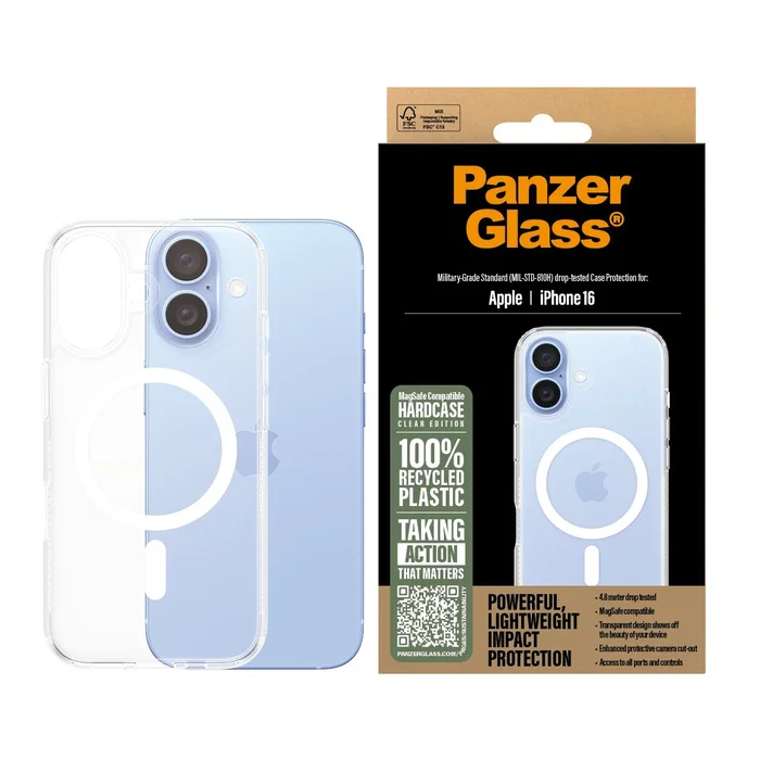 PanzerGlass HardCase Transparente con White MagSafe - Funda de TPU resistente MIL-STD-810H para Apple iPhone 16