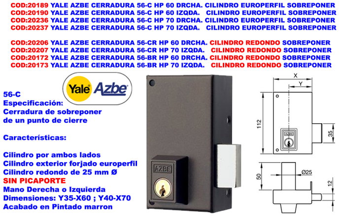 Yale AZBE FINST CERRADURA 56-CR HP70 Cerradura de Sobreponer Izquierda con Cilindro Redondo Yale AZBE FINST CERRADURA 56-CR HP70 Cerradura de Sobreponer Izquierda con Cilindro Redondo