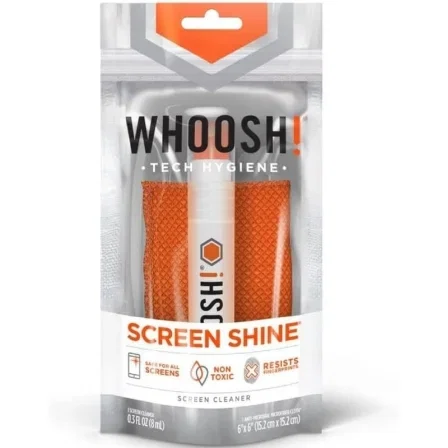Whoosh WSH001 Kit Limpiador de Pantallas de Bolsillo - Spray 8ml + Paño Microfibra Premium 15x15cm, Elimina Huellas y Suciedad, No Tóxico, para Dispositivos y Gafas