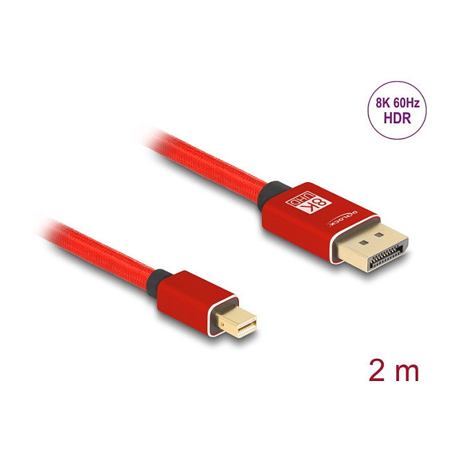 DeLOCK Cable Mini DisplayPort a DisplayPort 8K 60 Hz 2 m 81095 - 7680 x 4320 Pixeles, 32.4 Gbit/s, HBR3, DSC, Rojo, Conectores Metal/Oro