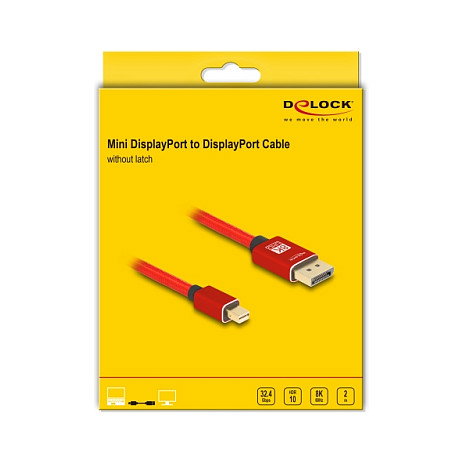 DeLOCK Cable Mini DisplayPort a DisplayPort 8K 60 Hz 2 m 81095 - 7680 x 4320 Pixeles, 32.4 Gbit/s, HBR3, DSC, Rojo, Conectores Metal/Oro