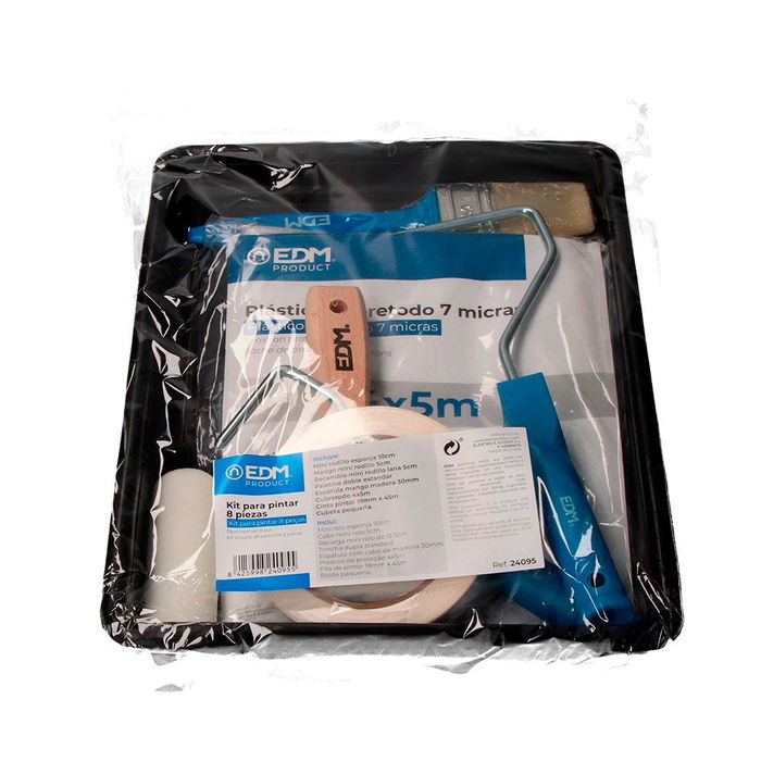 Edm Kit para pintar 8 piezas con rodillo esponja 10 cm, recambio mini rodillo 5 cm lana, varilla mini 5 cm, paletina, espatula, cubretodo, cinta pintor y cubeta