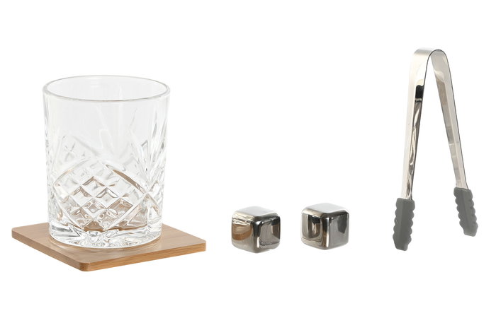 DKD Home Decor Set de 4 Vasos/Copas Cristal y Bambú Natural 10.5 x 7 x 22.5 cm