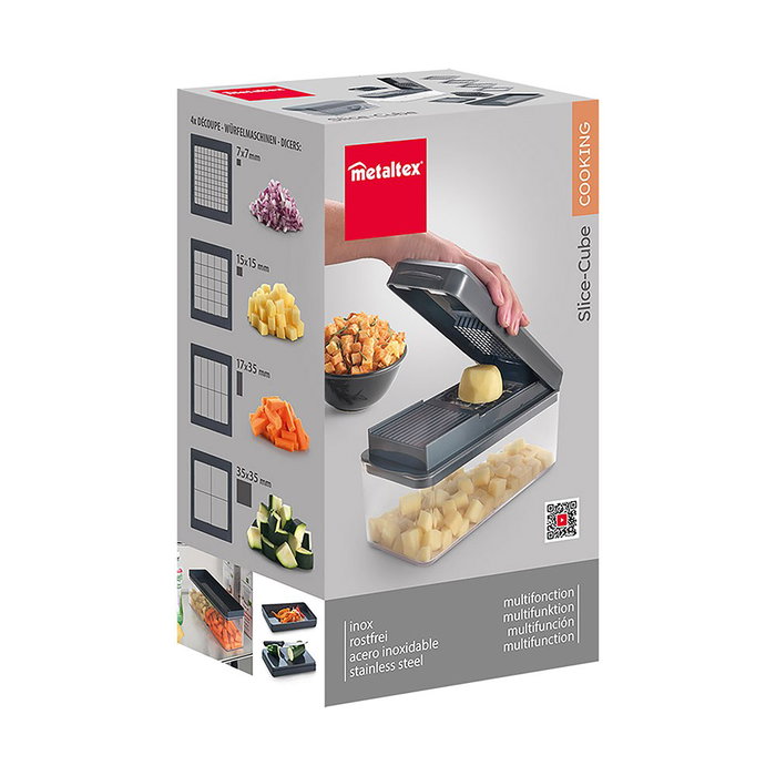 Metaltex Slice Cube Cortador y Rallador de Verduras Multifunción con 10 Cuchillas de Acero Inoxidable, Recipiente 1.5L y Tapa - 23.5x10.5x14 cm