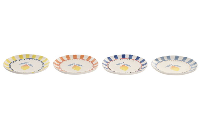 DKD Home Decor Set de 4 Platos de Gres Limones 25 con Relieve, Colores Surtidos