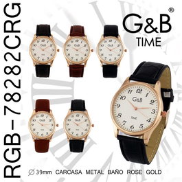 G&B TIME Reloj Hombre Clásico Piel NºS Color Marrón/Negro con Correa Acero Oro Rosa