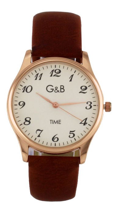G&B TIME Reloj Hombre Clásico Piel NºS Color Marrón/Negro con Correa Acero Oro Rosa