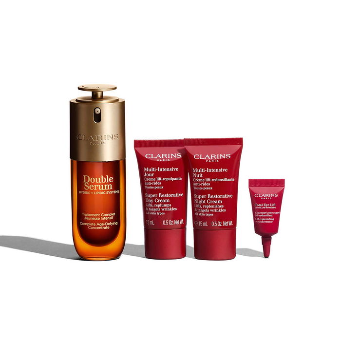 Clarins Double Serum Estuche Regalo - Set de 4 Productos: Sérum 50 ml + Cremas Día y Noche + Contorno de Ojos con 21 Extractos Vegetales