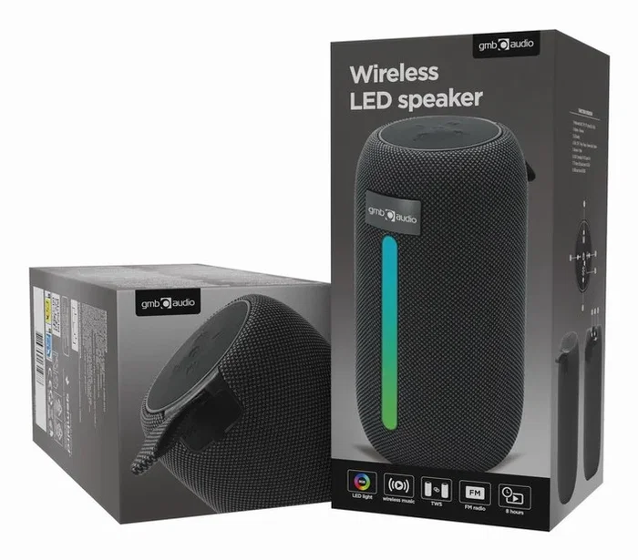 Gembird SPK-BT-LED-07 Altavoz Portátil Bluetooth para Fiestas con Luces LED RGB, Micrófono, Radio FM, Entrada AUX/USB/MicroSD, Batería Recargable 4h, 5W, Negro