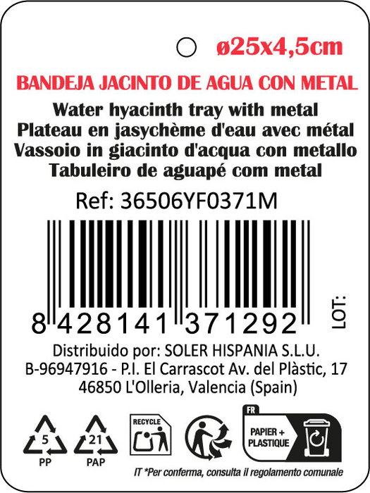Inde Bandeja Jacinto De Agua Red. ø25x4.5cm con Metal