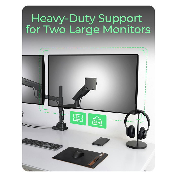 ICY BOX IB-MS702-T Soporte/Brazo Dual para 2 Monitores hasta 57" / 27kg cada uno - Montaje en Mesa por Pinza/Atornillado, Negro