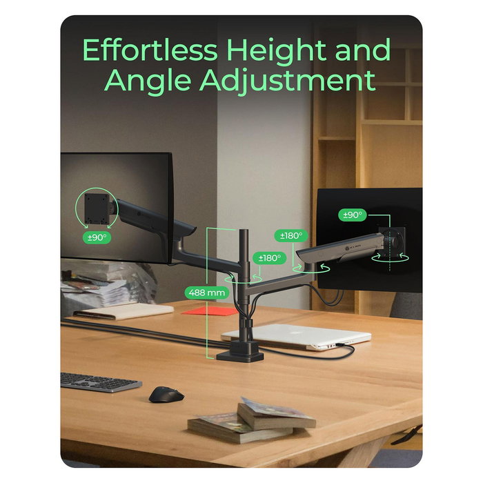 ICY BOX IB-MS702-T Soporte/Brazo Dual para 2 Monitores hasta 57" / 27kg cada uno - Montaje en Mesa por Pinza/Atornillado, Negro