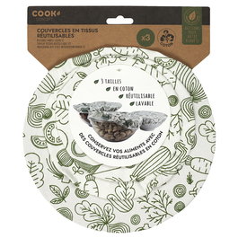Cook Concept Juego 3 Tapas Reutilizables Tela Algodón Lavables Ilustradas Ø15.5 Ø18.5 Ø21 cm
