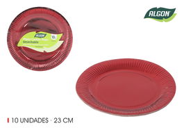 Algon Set 10 Platos Carton Rojo Redondo 23 cm (18 Unidades)
