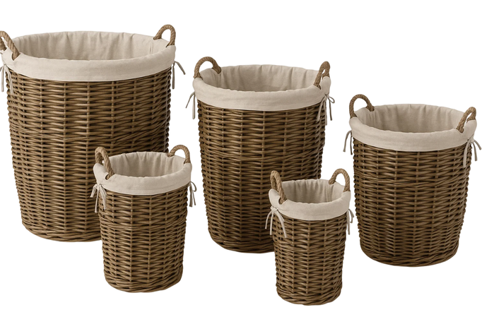 DKD Home Decor Set de 5 Cestas de Mimbre y Algodón con Ruedas y Asas