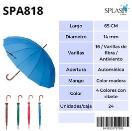 SPLASH BY AVANT Paraguas splash sra largo 16v antiviento liso colores+borde