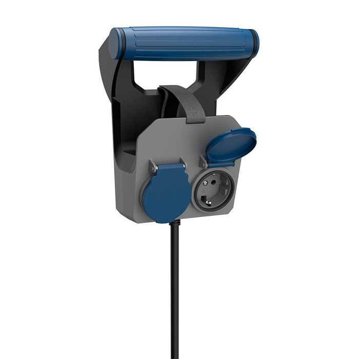 Simon Base Múltiple Expert de Pared 2 Tomas Schuko IP44, 10 m Cable H05RR-F 4G1,5 mm² 16A 230V~, Gris/Azul/Negro