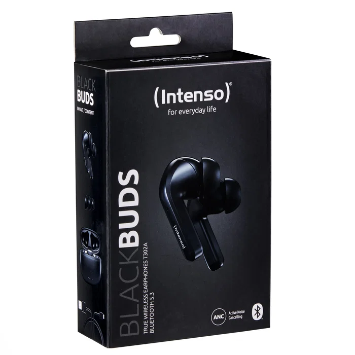 Intenso Buds T300A Auriculares Inalámbricos Bluetooth 5.3 True Wireless (TWS) con Cancelación Activa de Ruido (ANC), 35h Autonomía, Estuche Carga USB-C, Negro