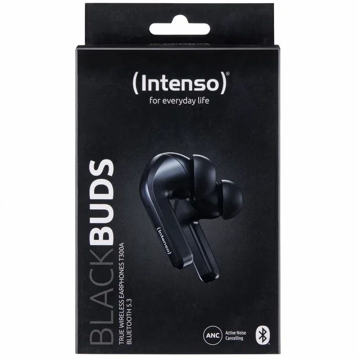Intenso Buds T300A Auriculares Inalámbricos Bluetooth 5.3 True Wireless (TWS) con Cancelación Activa de Ruido (ANC), 35h Autonomía, Estuche Carga USB-C, Negro