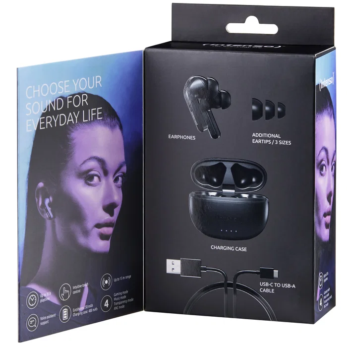 Intenso Buds T300A Auriculares Inalámbricos Bluetooth 5.3 True Wireless (TWS) con Cancelación Activa de Ruido (ANC), 35h Autonomía, Estuche Carga USB-C, Negro