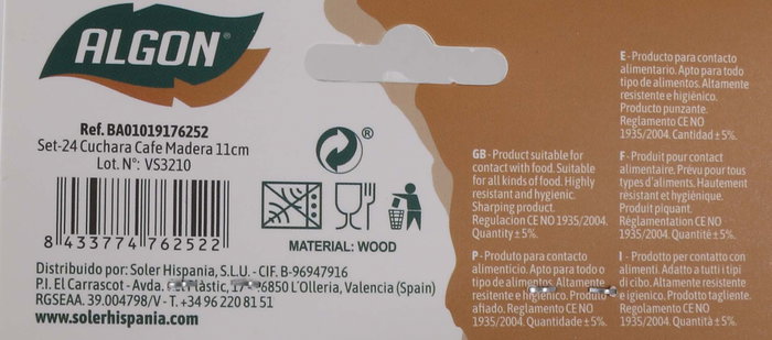 Algon Set-24 Cuchara Café Madera 11 cm (36 Unidades)