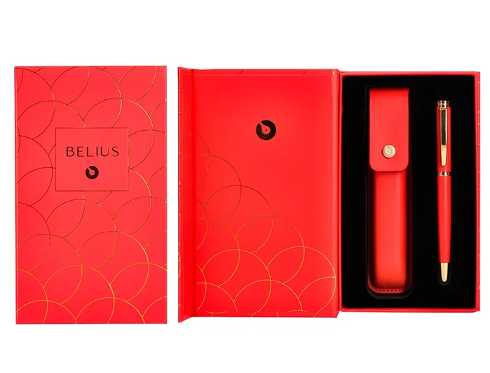 Belius Passion d'or Pluma y estuche de lujo en cuero rojo y dorado con tinta azul, aluminio texturizado Belius Passion d'or Pluma y estuche de lujo en cuero rojo y dorado con tinta azul, aluminio texturizado