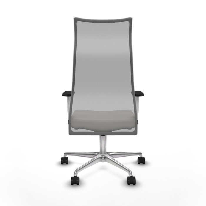 Sillón Albacete con mecanismo Sincro tapizada con Similpiel color Blanco y malla color Gris. Equipado con Base aluminio, Brazos 1D y Ruedas 65mm nailon