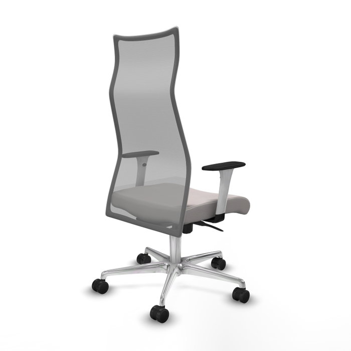 Sillón Albacete con mecanismo Sincro tapizada con Similpiel color Blanco y malla color Gris. Equipado con Base aluminio, Brazos 1D y Ruedas 65mm nailon