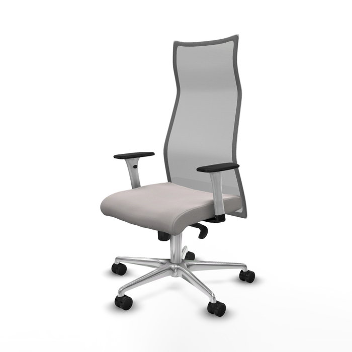 Sillón Albacete con mecanismo Sincro tapizada con Similpiel color Blanco y malla color Gris. Equipado con Base aluminio, Brazos 1D y Ruedas 65mm nailon
