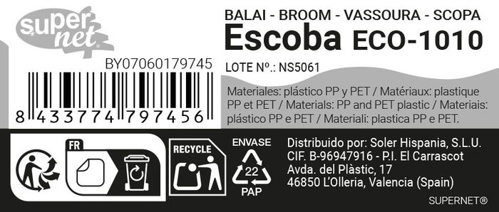 Inde Escoba Eco-1010 Supernet, Dimensiones: 28,4 cm (Largo) x 11,9 cm (Alto) x 8 cm (Ancho), Peso: 6,19 kg (24 Unidades)