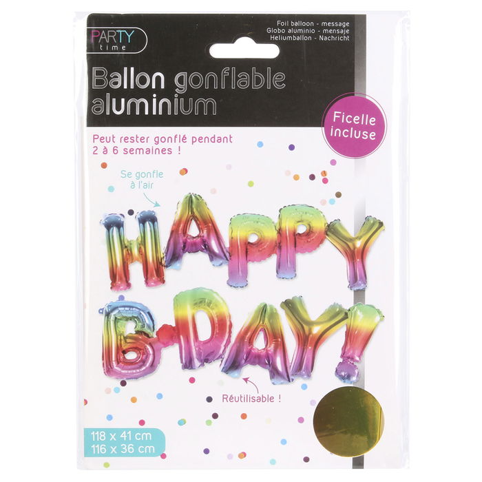 Party Time Globo Aluminio Happy Birthday con Cuerda Reutilizable para Decoración de Cumpleaños