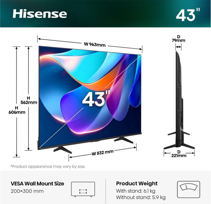 Hisense 43A6S Smart TV QLED 109.2 cm (43") 4K Ultra HD HDR10+ WiFi Ethernet Bluetooth Negro