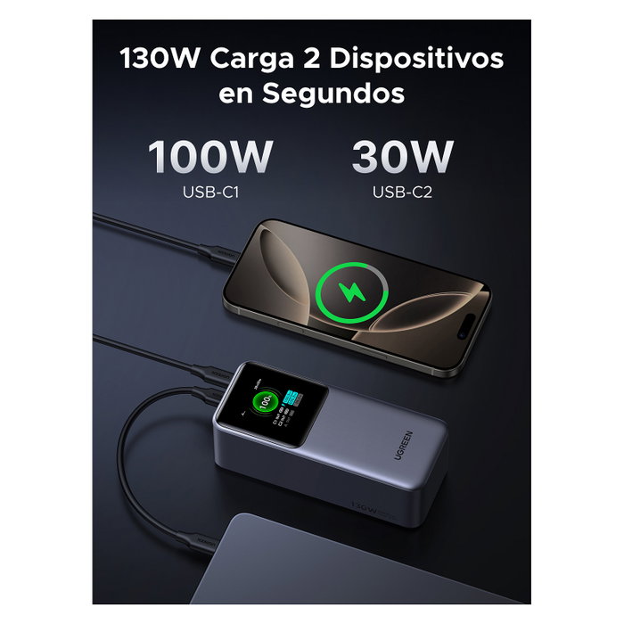 Ugreen Power Bank 20000mAh 130W, Carga Rápida PD, Gris, Carga Triple, Compatible con Teléfono y Portátil