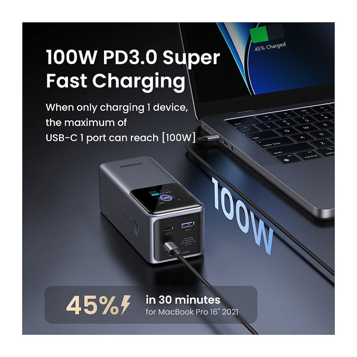 Ugreen Power Bank 20000mAh 130W, Carga Rápida PD, Gris, Carga Triple, Compatible con Teléfono y Portátil
