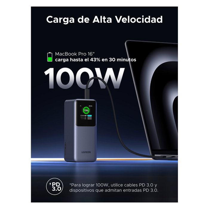 Ugreen Power Bank 20000mAh 130W, Carga Rápida PD, Gris, Carga Triple, Compatible con Teléfono y Portátil