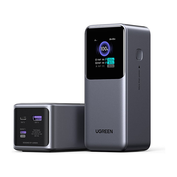Ugreen Power Bank 20000mAh 130W, Carga Rápida PD, Gris, Carga Triple, Compatible con Teléfono y Portátil