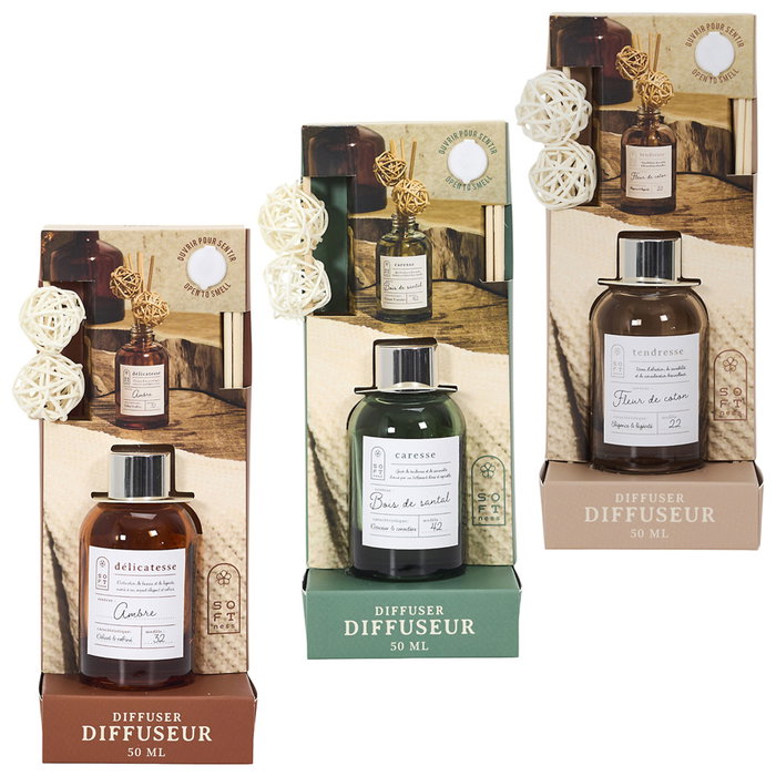 Home Deco Factory Difusor de Ambiente con Varillas 50 ml Aromas Cocooning - Ámbar, Sándalo o Algodón