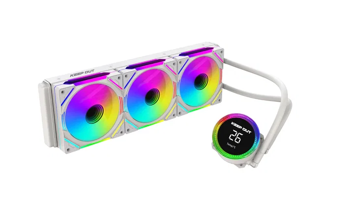 KeepOut Kit de Refrigeración Líquida XWC-360 PRO Blanco, 3 Ventiladores ARGB de 12 cm, para Intel LGA1700/1200 y AMD AM5/AM4, con Pantalla de Temperatura