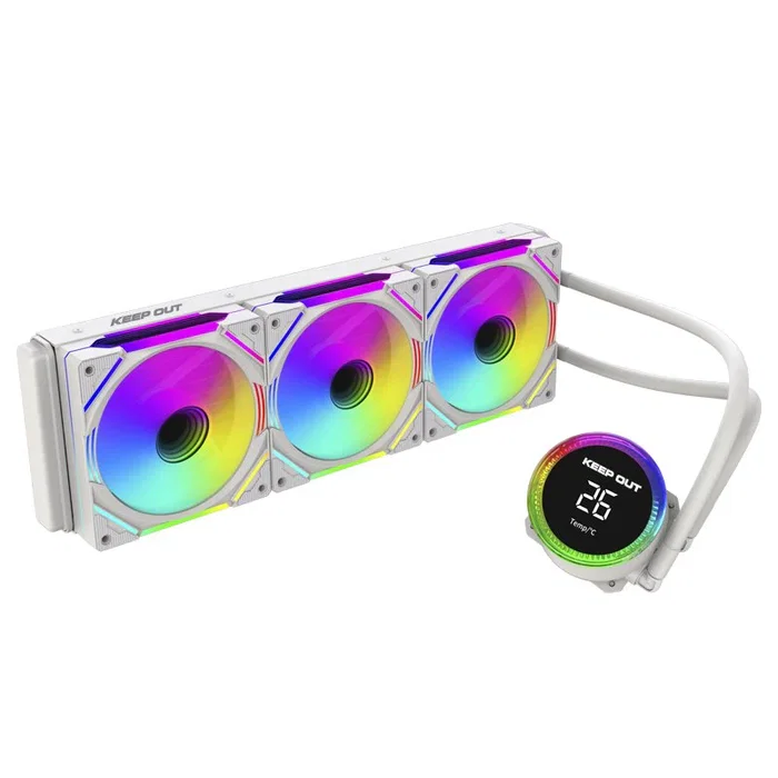 KeepOut Kit de Refrigeración Líquida XWC-360 PRO Blanco, 3 Ventiladores ARGB de 12 cm, para Intel LGA1700/1200 y AMD AM5/AM4, con Pantalla de Temperatura