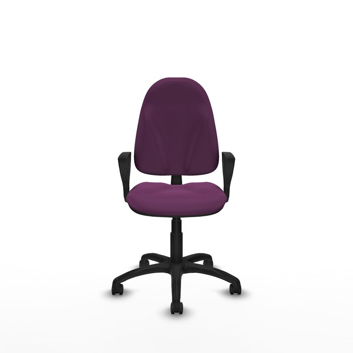 Silla de oficina Algarra con mecanismo Contacto permanente básico tapizada con Similpiel color Morado. Equipada con Base poliamida negra, Brazos fijos y Ruedas autofrenantes